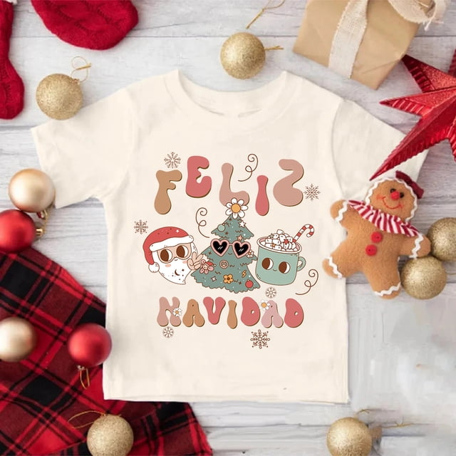 Camiseta con estampado de Feliz Navidad en español para niños, ropa de fiesta navideña para niños y niñas, camisetas retro para niños, camisetas festivas para niños pequeños