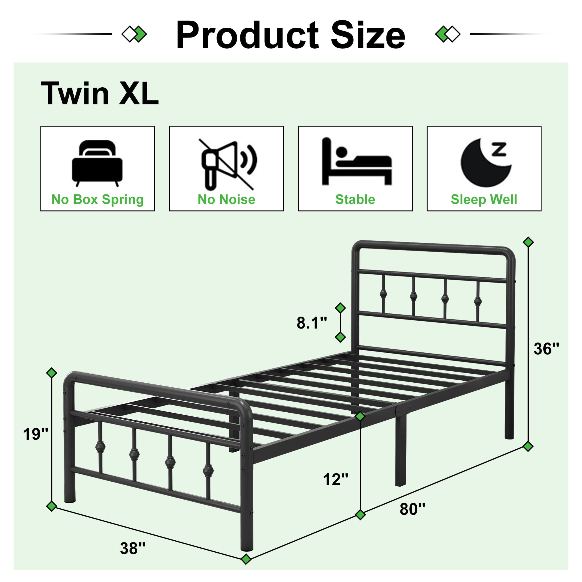Maenizi 12 inch low Twin XL Bed Frame with Headboard and Footboard, Heavy Duty Metal Bed Frame Victorian Style, No Box Spring Needed, Easy Assembly, Black