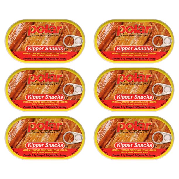 (6 pack) MW Polar Smoked Boneless Herring Kipper Snacks, 3.53 oz Can