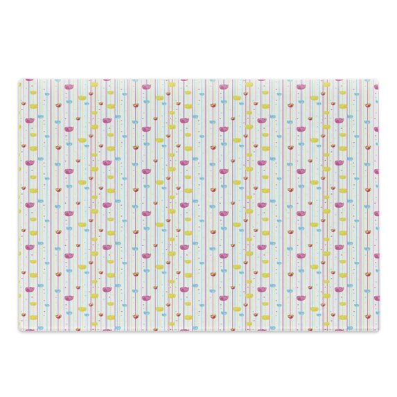 Yellow and Blue Cutting Board, Vertical Thin Stripes with Little Flowers and Colorful Tulips, Decorative Tempered Glass Cutting and Serving Board, Large Size, Pink Yellow Pale Blue, by Ambesonne