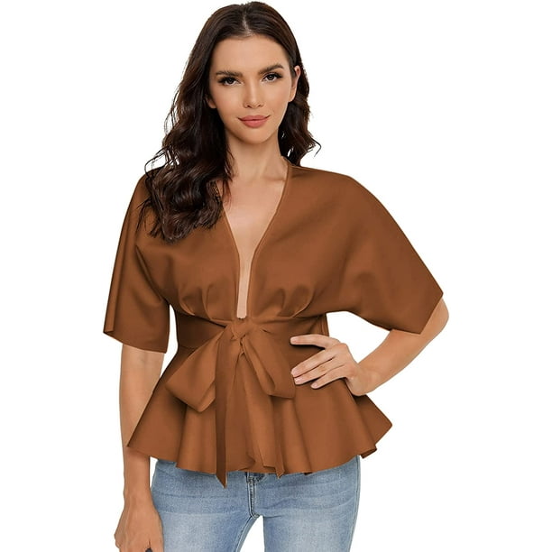 Blusa peplum de manga corta con cuello en V y dobladillo con volantes para mujer Marrón CH Marrón CH Xishao ropa