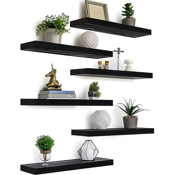 Black Wood Floating Shelves for Wall Rustic Wall Shelves for Bedroom Set of 6