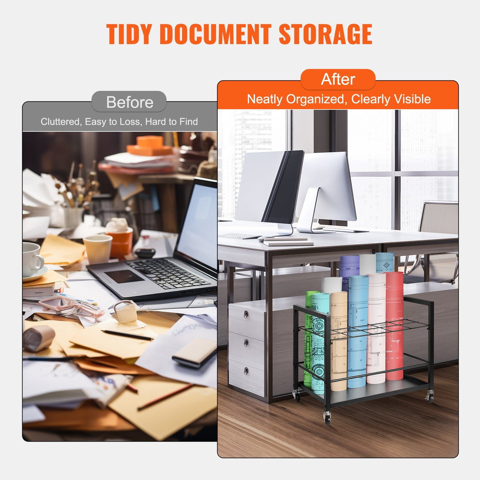 Mobile Metal Blueprint Storage Cart with Wheels 20 Slots Blueprint Holder for Map Poster Architectural Construction Plan Roll File Organizer Home Office School