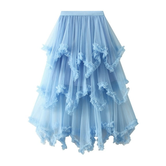 Lovskoo Women's Sweet Ruffled Tutu Tulle Skirt Elastic High Waist Tiered Mesh Midi Skirt Blue