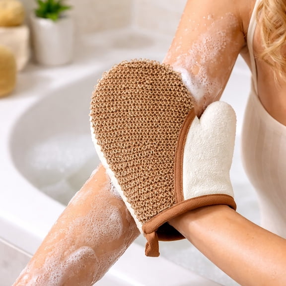 Body Scrubber Glove - Natural Bamboo and Hemp Dual-Sided Exfoliating Mitt for Dead Skin Removal, Circulation Boost & Smooth Skin - Spa Accessories Cream/Brown