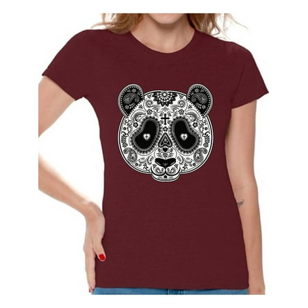 Christian Womens Shirt - Awkward Styles Panda Skull Tshirt for Women Christian Panda Shirt Sugar Skull Shirts for Women Dia de los Muertos Gifts for Her Day of the Dead T Shirt Christian Tshirt Women's Paisley Panda T-Shirt
