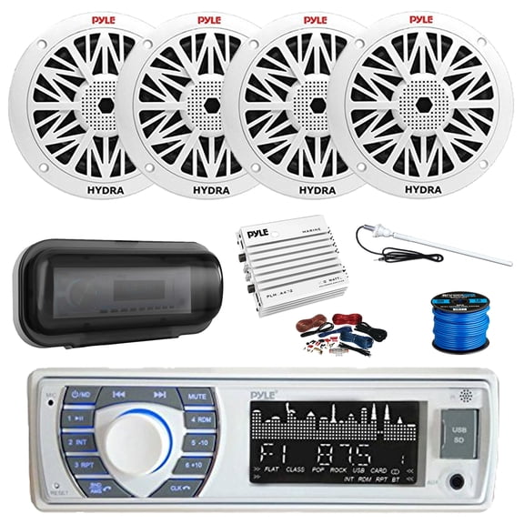 Pyle PLRMR23BTW Single DIN Bluetooth Marine MP3 AM/FM Stereo Receiver, Cover, 4-Channel Amplifier w/Kit, 4x 6.5" 200 Watt Peak Full Range 2-Way Waterproof Speakers w/Wire, Long Range Radio Antenna