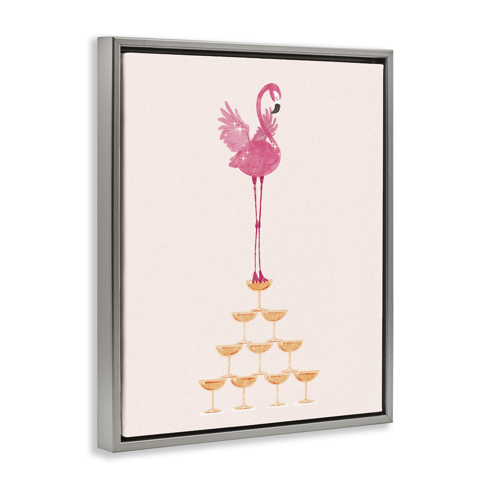 Stupell Industries Balancing Flamingo & Wine Novelty Painting Gray Floater Framed Art Print Wall Art, 17 x 21