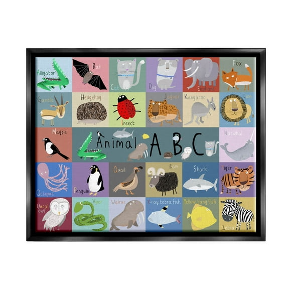 Stupell Industries Various Animal Alphabet Learning Graphic Art Jet Black Floating Framed Canvas Print Wall Art, Design by Carla Daly