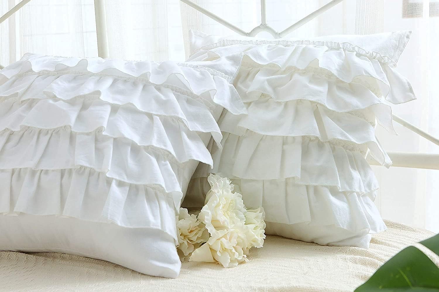 2-Pack Bright White Throw Pillow Covers with Waterfall Ruffles 5 Lays Cushion Cases Egypt Cotton 18"X18"Soft Boudoir