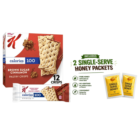 Special K Bar Brown Sugar Cinnamon Chewy Pastry Crisps 100 Calorie Snacks 5.28 oz 12 Count, with two single serve Honey