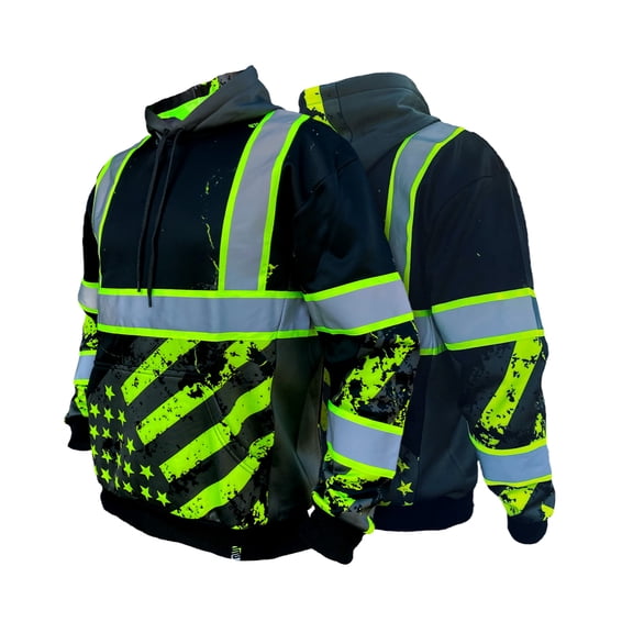 SafetyShirtz SS360º American Grit Hi Vis Hoodie for Men - Heavy-Duty Polyester with Soft Combed Fleece Interior - Type-O - Meets ANSI/ISEA 107-2020, Black - Large