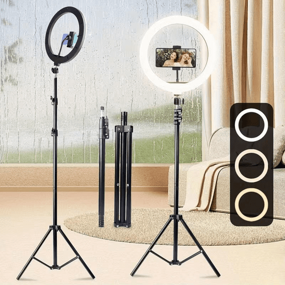 12'' Video Light with 63'' Extendable Tripod Stand - Ring Light with Phone Holder for Live Stream/Makeup/YouTube/TikTok - Compatible with All Phones - New Year's & Valentine's Day Party Lights