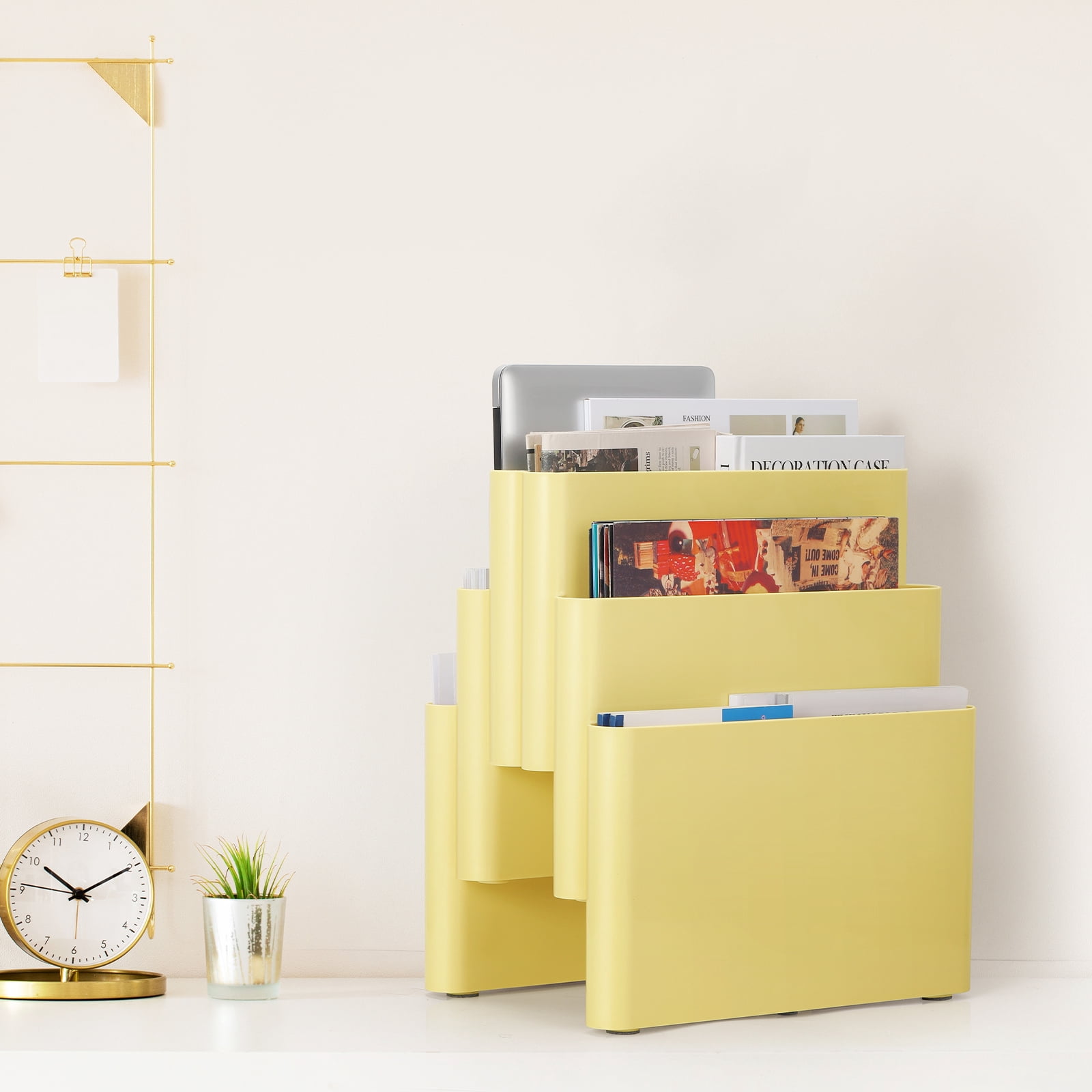 Freestanding Six Pocket Plastic Magazine Rack File Holder, Yellow
