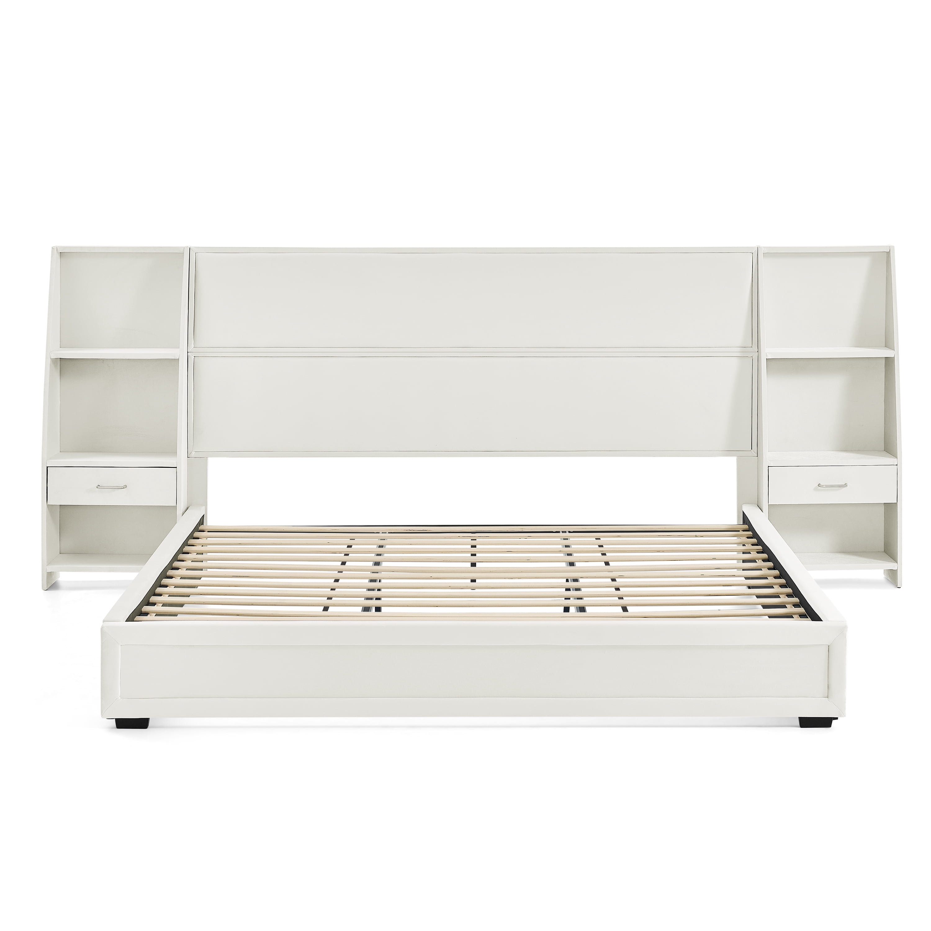 King Size Platform Bed Frame with Glossy Velvet Headboard, Side Bookcases & Drawer