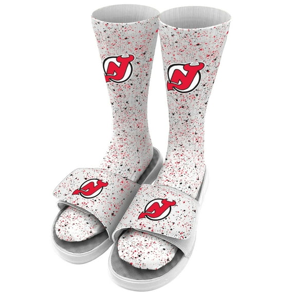 Men's ISlide White New Jersey Devils Speckle Socks & Slide Sandals Bundle