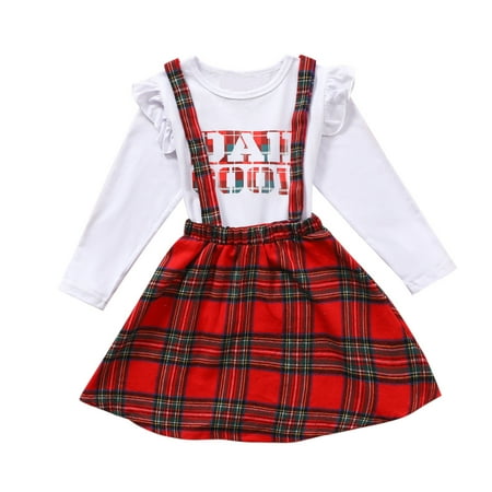 

Baby Girls Outfits Sets Plaid Printed Skirts Printed Letter Printed Long Sleeve Tops Suspender Skirts Kids Children Spring Summer Cute Fashion Leisure Outwear Suit