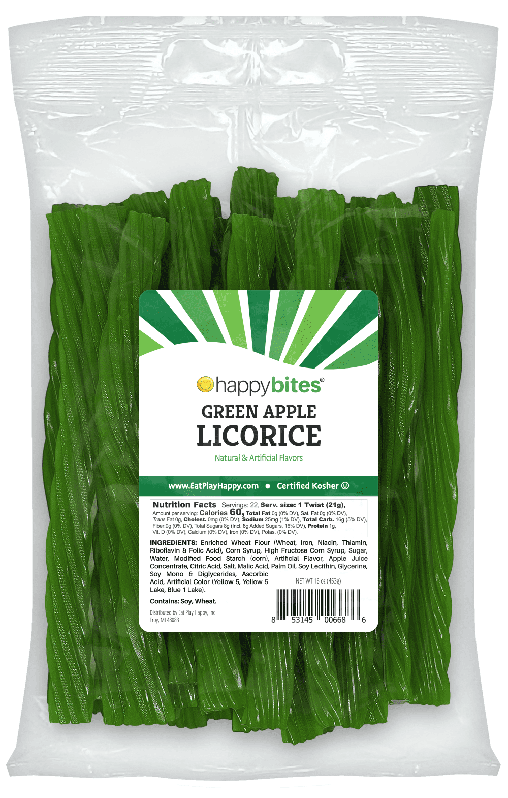Happy Bites Green Apple Licorice Twists - Certified Kosher - Gourmet - Low Fat - Made with Real Fruit Juice - 1 Pound Bag (16 oz)