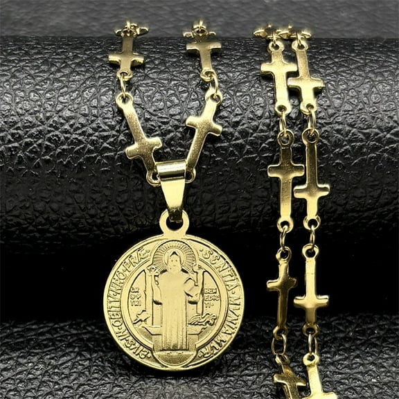 Saint Benedict Medal Prayer 14K Yellow Gold Pendant Necklace for Women Men Golden Color Amulet Cross Chain Jewelry