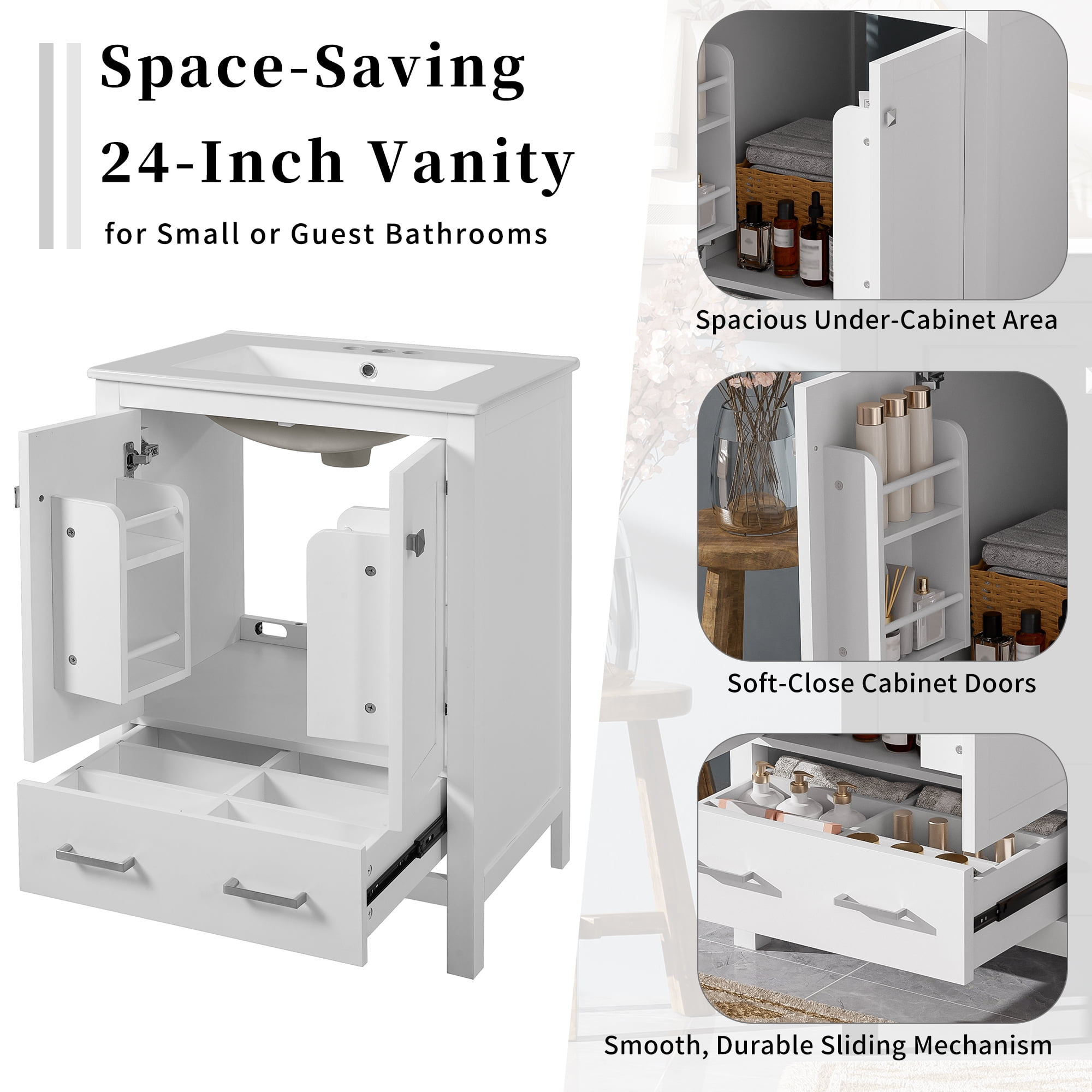 24" Bathroom Vanity with Integrated Ceramic Sink, 2 Doors with Shelves and Divider Drawer, White Finish for Organization