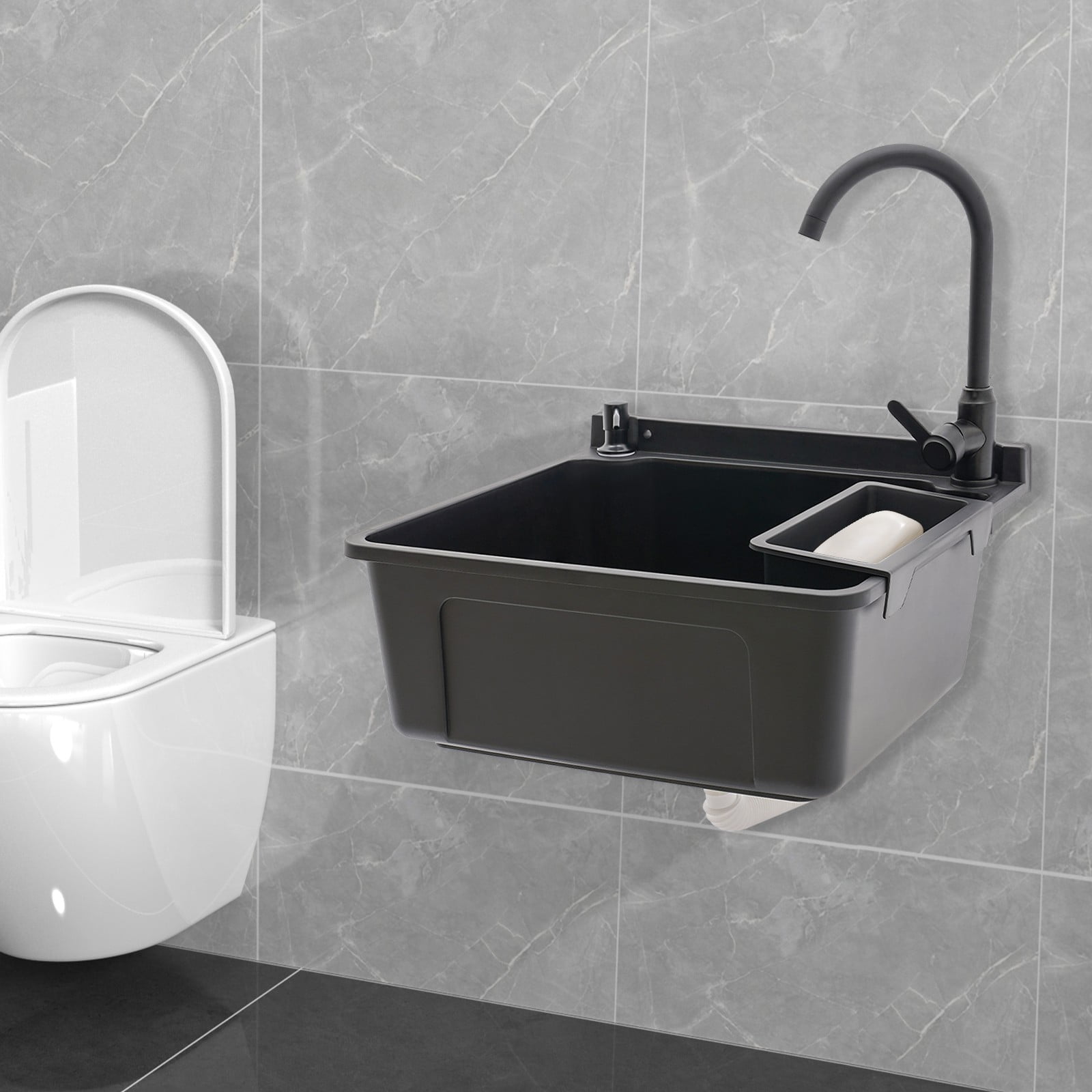 Wall-Mounted Bathroom Sink, Modern Laundry Sink, Rectangular Utility Sink Black