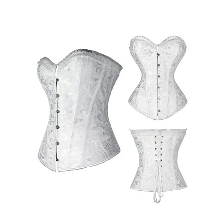 White Sexy Boned Waist Trainer Brocade Corsets Bustiers Embroidery Lace Up Corselet Gothic Plus Size