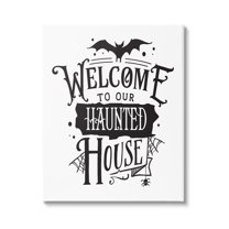 Welcome Haunted House Halloween Bat Spider Webs Inspirational Graphic Art Gallery-Wrapped Canvas Print Wall Art