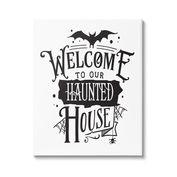 Welcome Haunted House Halloween Bat Spider Webs Inspirational Graphic Art Gallery-Wrapped Canvas Print Wall Art