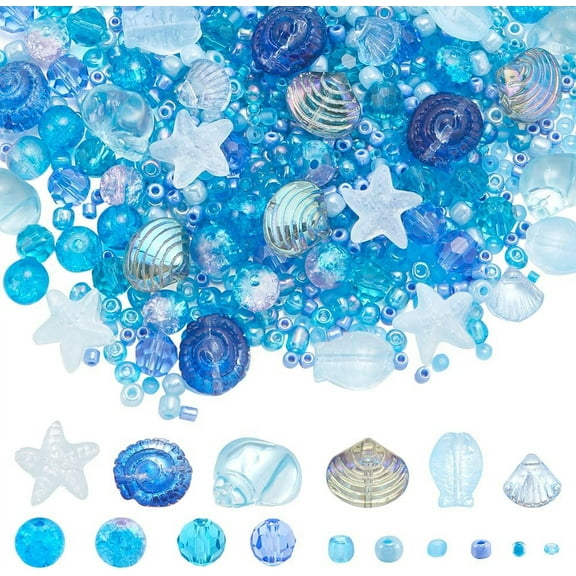 1 Box 3000Pcs Blue Ocean Beads Kit Summer Glass Beads Bulk Cute Small Cyan Hawaii Sea Fish Seashell Starfish Spacer Round Seed Beads for Jewelry Making Kits Bracelet Diy Beading Crafts for DIY