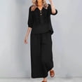 thumbnail image 2 of CIENVNSTG Linen Sets For Women 2 Piece Casual Vneck Embroidered 3/4 Sleeve Tops Wide Leg Linen Pants Set Mature Women Clothing Black L, 2 of 8