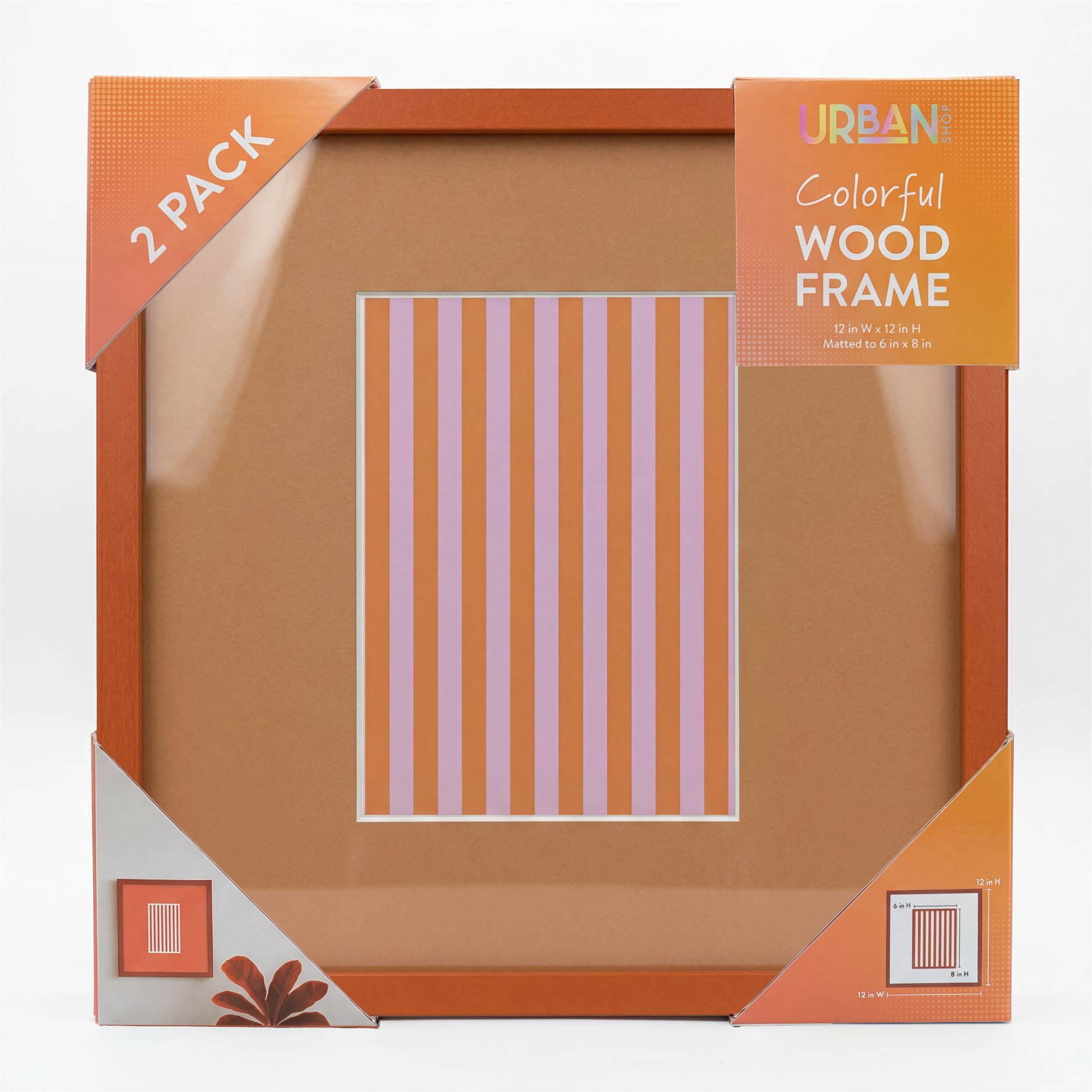 Urban Shop 12 x 12 Orange Wood Picture Frames, 2-Pack, Displays 6 x 8 Photo with Mat