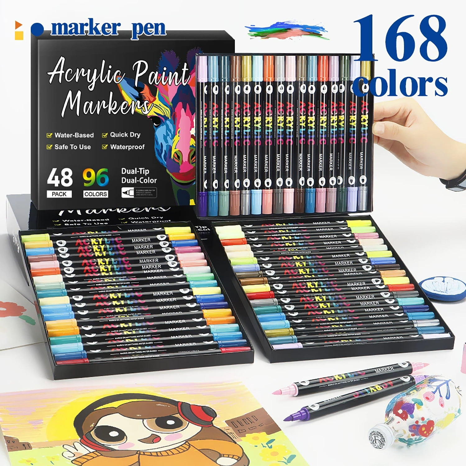 24-168 Colors Professional Art Use  Art Brush Marker,  Acrylic Paint Markers Dual Tip Coloring Markers for Note taking Planner Calligraphy Drawing,