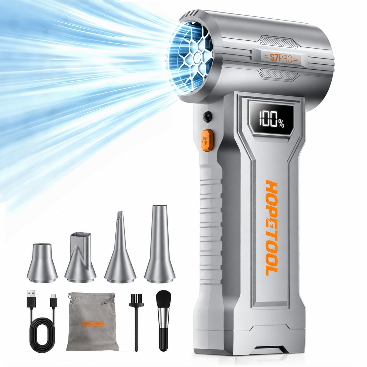 HOPETOOL S7 Pro Compressed Air Duster, 150000RPM Electric Air Duster, 4-Gear Adjustable Mini Air Blower with Smart Display and LED Light, Rechargeable Air Duster for PC/Keyboard/Car/House and Outdoors