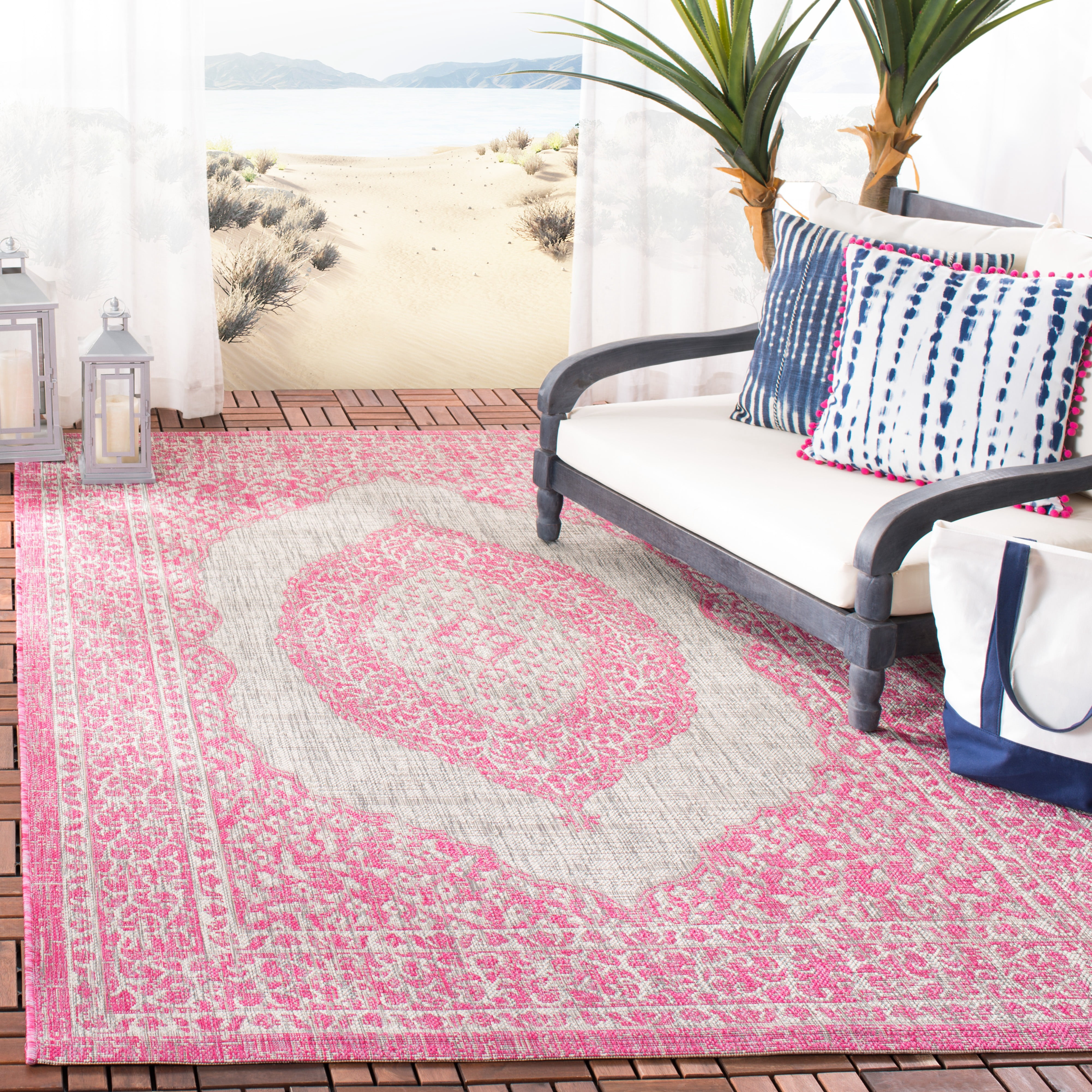 SAFAVIEH Courtyard Avi Traditional Indoor/Outdoor Area Rug, 5'3" x 5'3" Square, Light Grey/Fuchsia