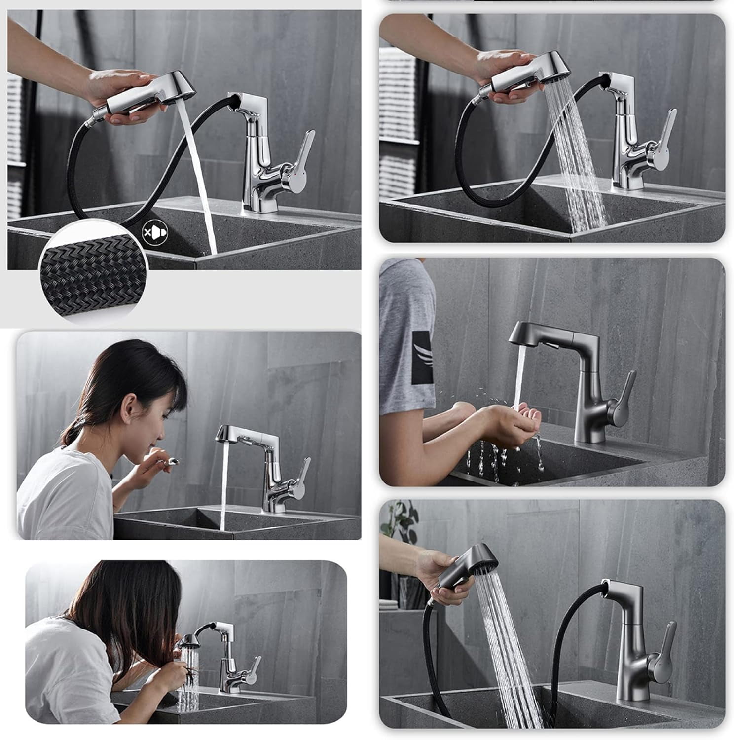 Bathroom Faucet with Pull Out Sprayer, 360° Rotation 2 Modes Faucets for Bathroom, Single Hole Faucet for Bathroom Sink Brass, Bathroom Faucet Single Handle,Black