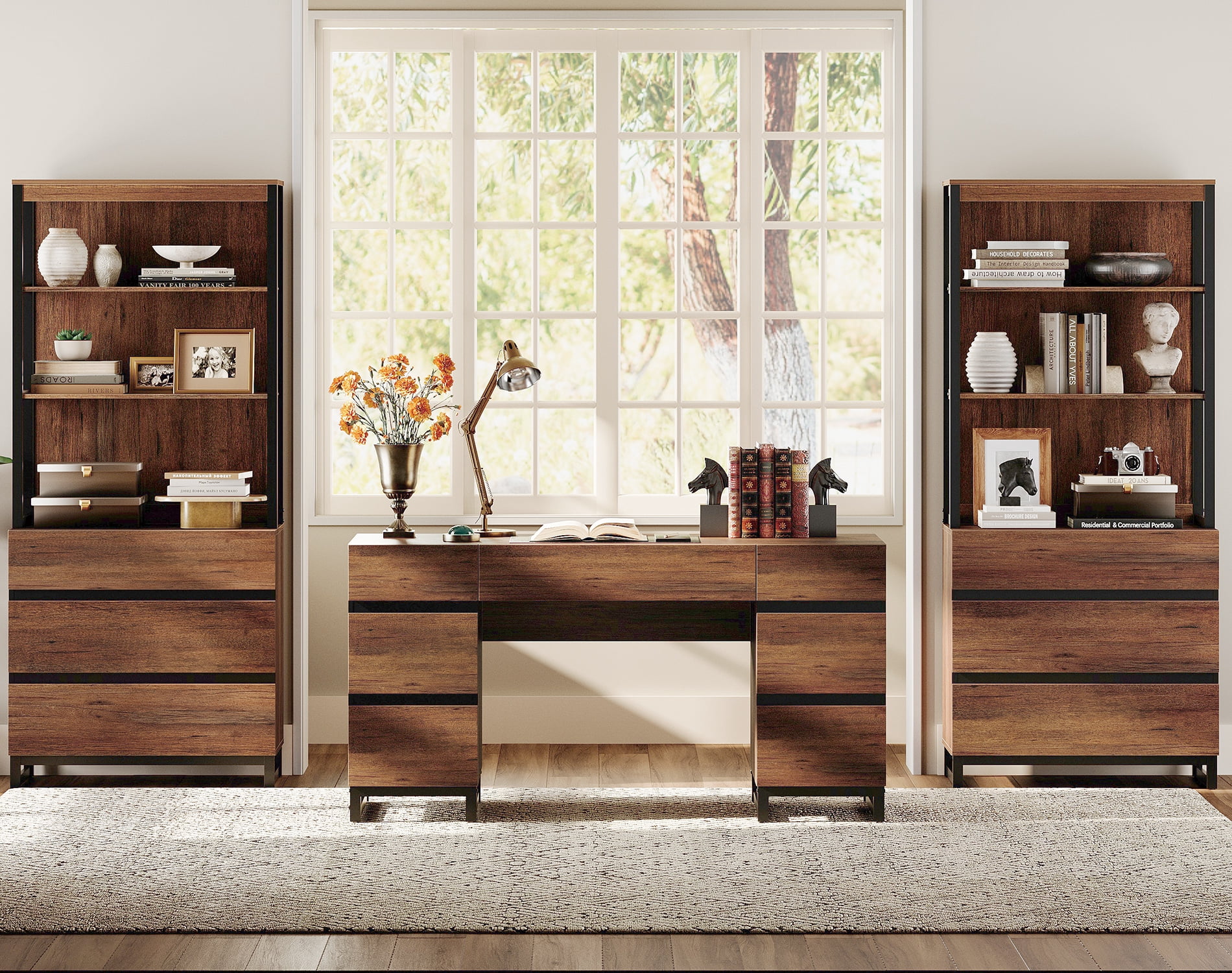 WAMPAT Home Office Furniture Set: 59in Modern Executive Desk with Charging Station and Drawers and 2 PCS 72in Tall Bookcases with 6 Drawers, Home Office Furniture for Living Room, Bedroom, Brown