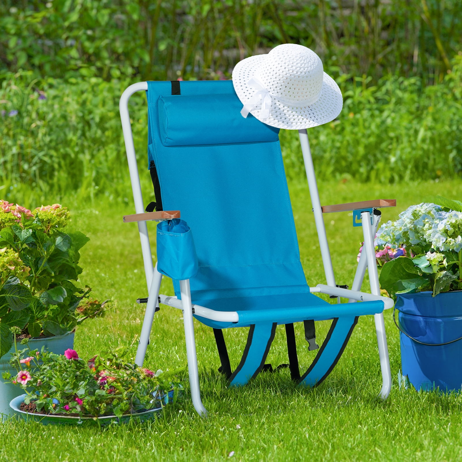 Portable High Strength Beach Chair with Adjustable Headrest, Blue
