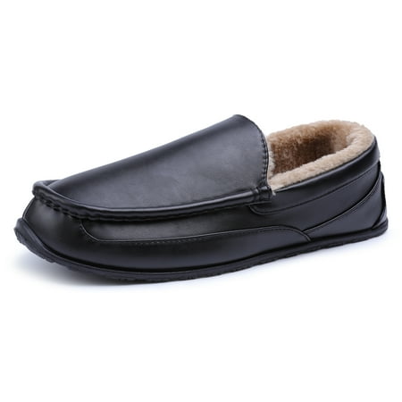 

HOMEHOT Mens Slippers PU Memory Foam Moccasins Warm House Shoes Adult Size 12 Black Male