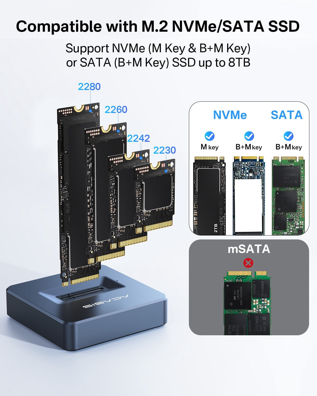 ACASIS M.2 SSD Enclosure, USB C 3.2 10Gbps, NVMe/SATA Dual Protocol, External Reader, Support 2230/2242/2260/2280/22110 up to 8TB for Laptop/PC/Mac