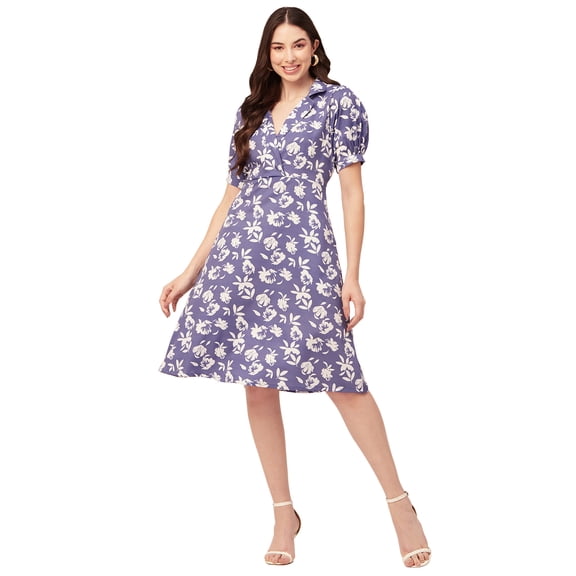 Moomaya Womens Printed Lapel Collar Dress Puffed Sleeves Knee Dress With Pockets