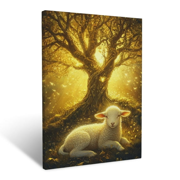 CozyNet A Glowing Lamb Resting In A Meadow Under A Tree Of Life, Surrounded By Divine Golden Light Wall Art Prints With Frame Canvas Perfect for Living Room & Bedroom, Wall Decor 12"x16"