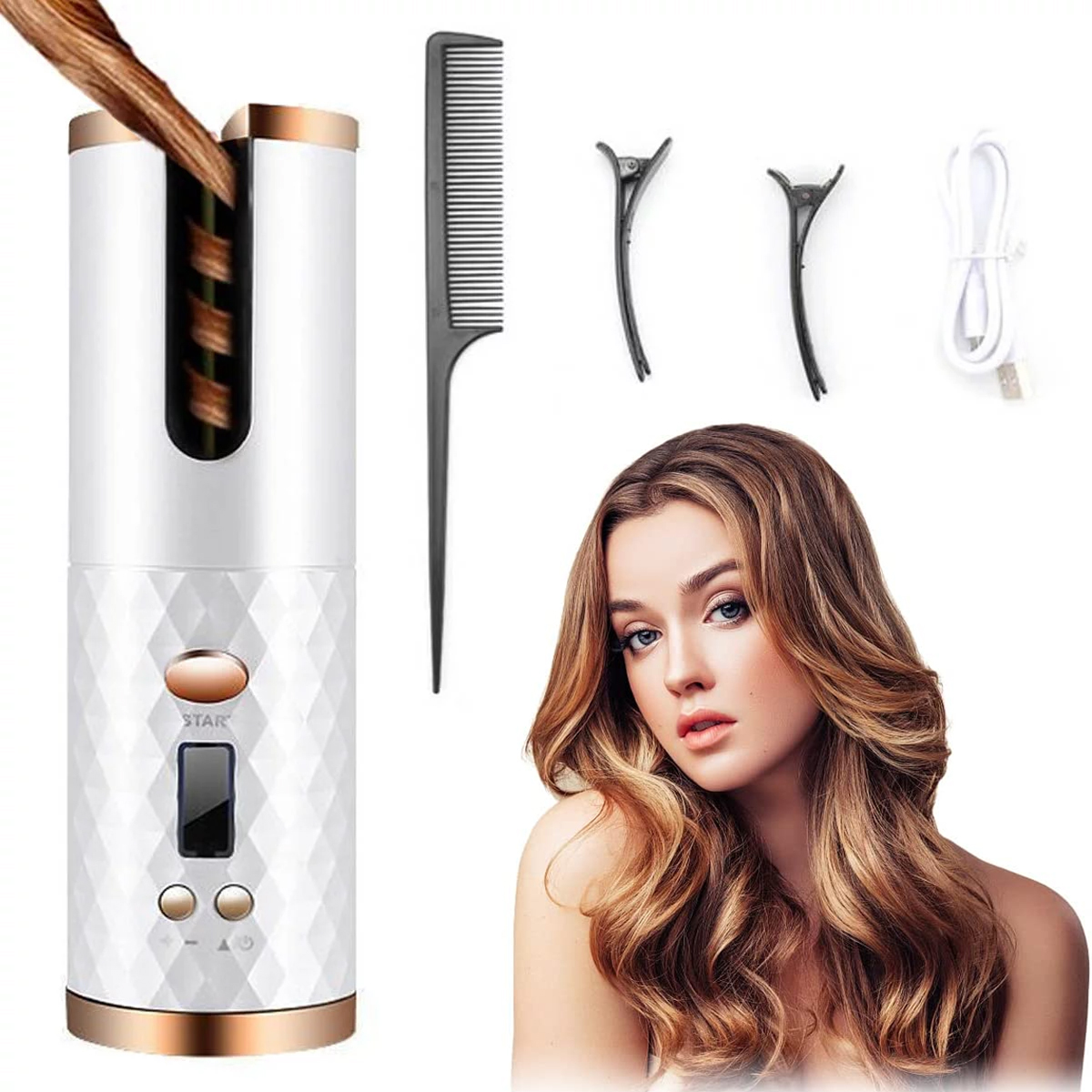 Ifcow Cordless Hair Curling Iron ,Automatic Rotating Hair Curler with 6