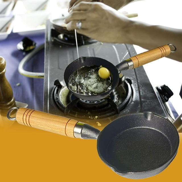 Xihbxyly Olla Pequeña para Aceite Caliente, Mini Sartén de Hierro para Verter Aceite, Mango de Madera con Diseño Aislante, Multiusos para Mantequilla, Queso, Almíbar y Salsas, Ideal para El Hogar, Ca