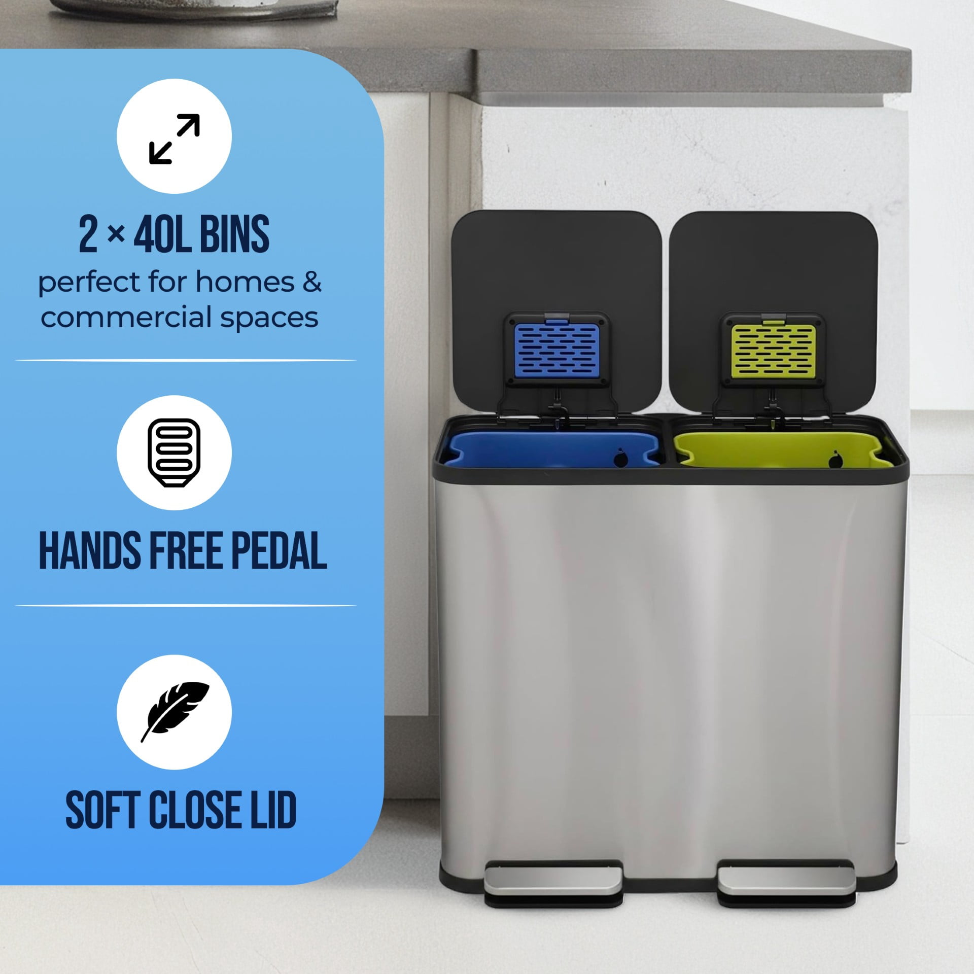 Simpli-Magic 21 Gallon Kitchen Trash Can, Stainless Steel Rectangular Step Garbage Bin with Lid, Dual Compartment Trash and Recycling, Silver