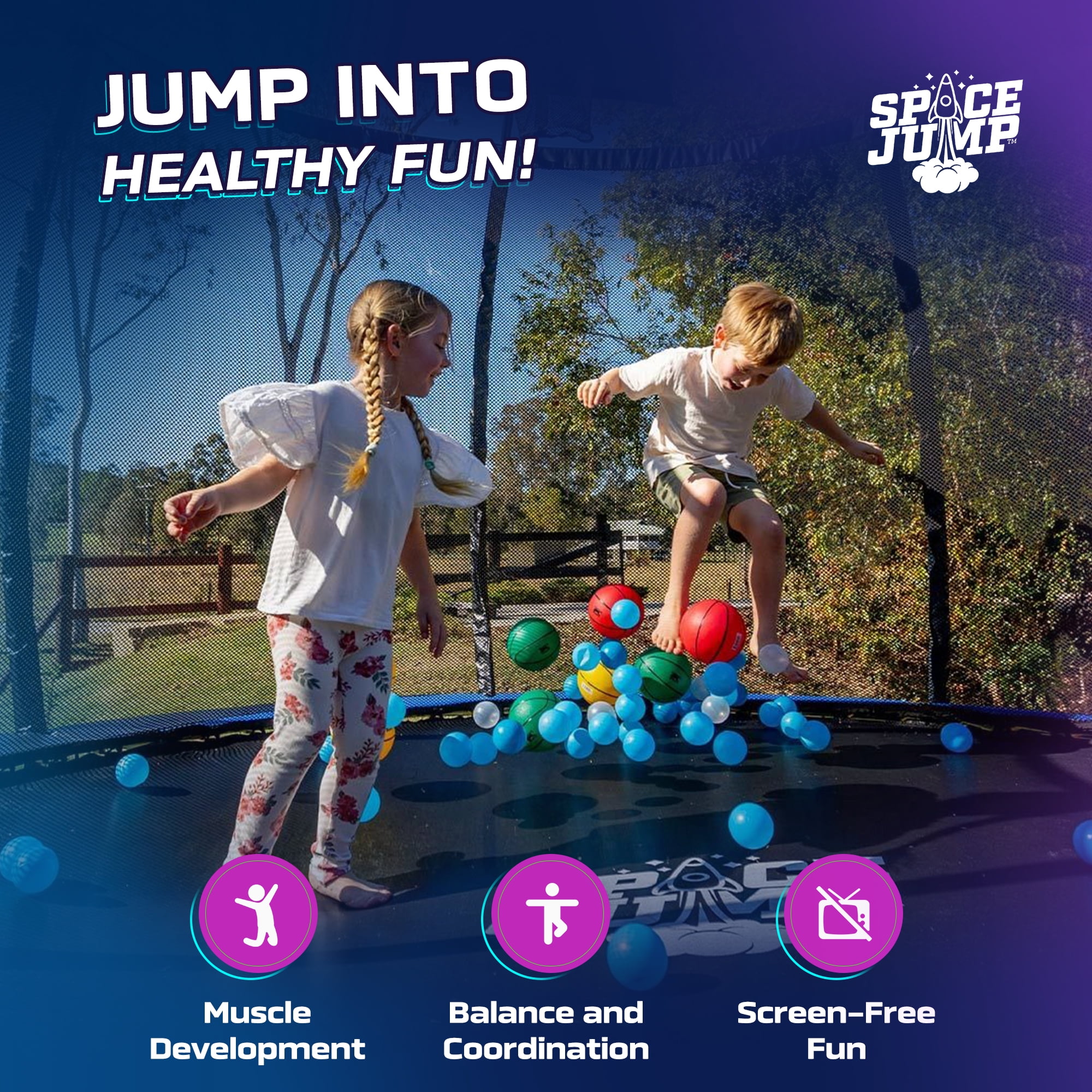 SpaceJump Lunar 12 Foot Trampoline, Outdoor Round Bouncer with Safety Net, Black