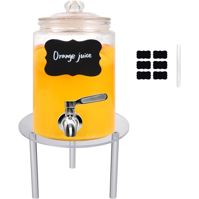 Dispensador de bebidas de 1 galón con soporte, dispensador de bebidas con grifo de acero inoxidable, rotulador y etiquetas, dispensador de bebidas de vidrio para limonada, jugo, té helado, ponche,