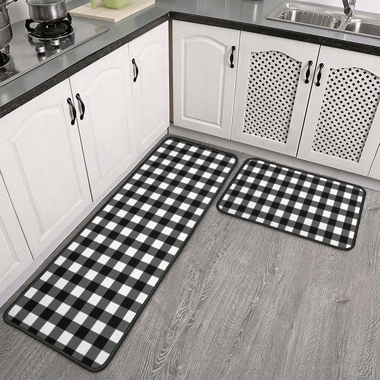 2 Pieces Buffalo Plaid Kitchen Rugs Set Farmhouse Decor Kitchen Mat Black and White Rug, Water Absorb Microfiber Washable Runner Rugs Decoration Checkered Mats,17"x 47"+17" x 30"