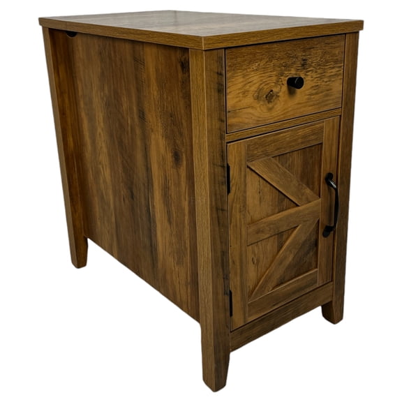 JERFIT Farmhouse Charging End Table with Barn Door, Antique Brown Nightstand with USB-C & AC Outlets, Bedside Table with Drawer for Bedroom Living Room