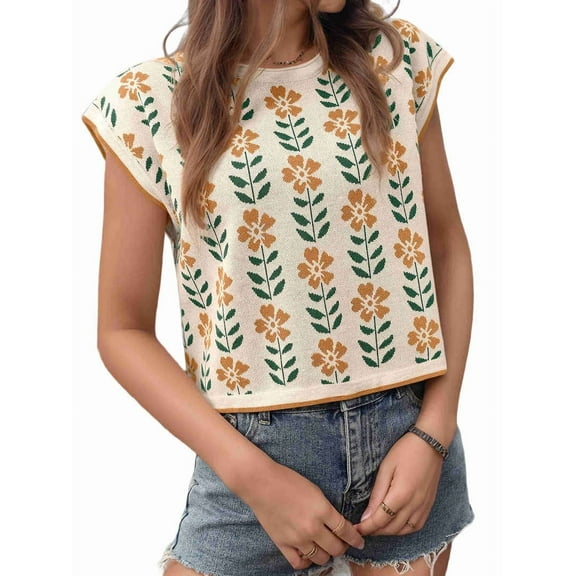 Womens Summer Casual Printed Tops Cap Sleeve Crew Neck Cute Knit Sweaters S