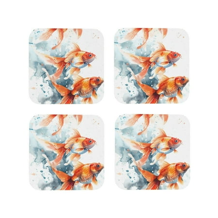 

Fuzoiu Three Goldfish Watercolor Splash Print Leather Coasters Set Drink Coasters Set of 4 for Tabletop Protection Durable PVC Coasters Home Décor and Housewarming Gift-Square